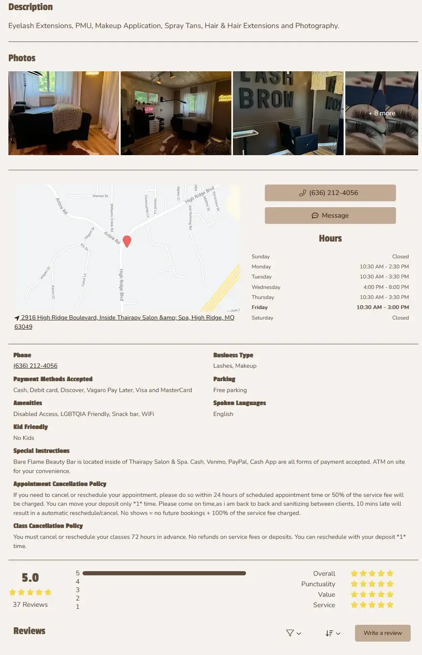 Salon and spa website before redesign